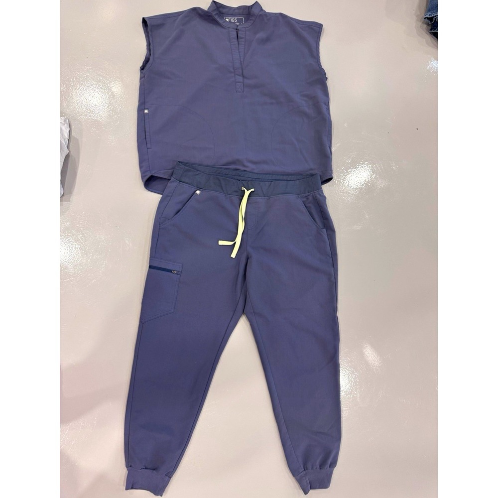 FIGS Women's XL Blue/Grey Solid Knit Scrub Set Sleeveless Top & Jogger Pants